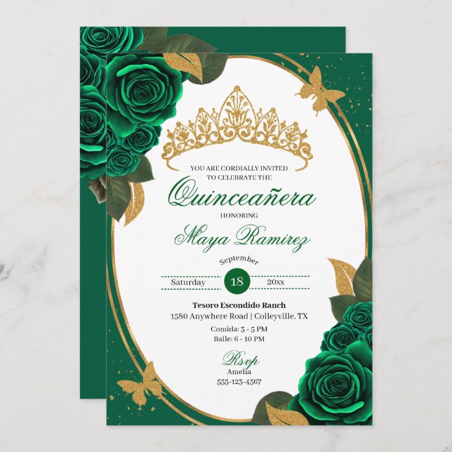 Green Roses Gold Glitter Butterfly Quinceañera  Invitation (Front/Back)