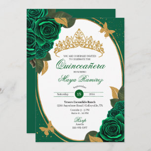 Green Roses Gold Glitter Butterfly Quinceañera  Invitation