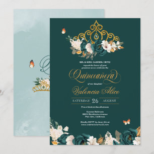 Green Roses Gold Tiara Butterfly Flor Quinceanera Invitation