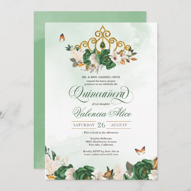 Green Roses Gold Tiara Butterfly Quinceanera Invitation (Front/Back)