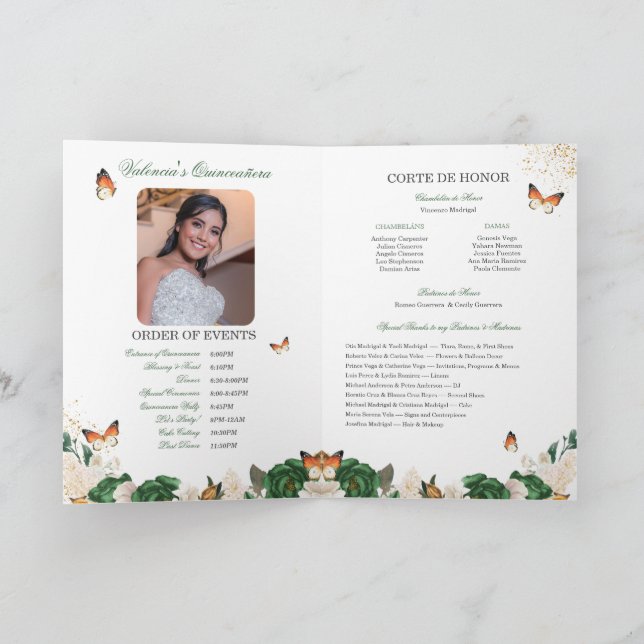 Green Roses Gold Tiara Butterfly Quinceanera Program (Inside)