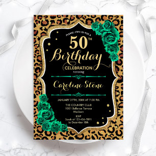 Green Roses Leopard Print 50th Birthday Invitation
