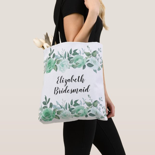Green Roses Personalised Bridesmaid Tote Bag (Close Up)