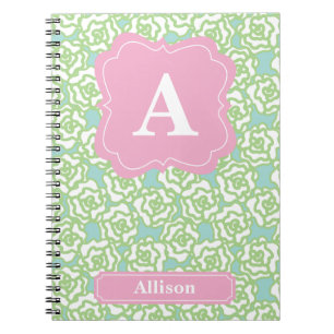 Green Roses Pink Monogram Notebook