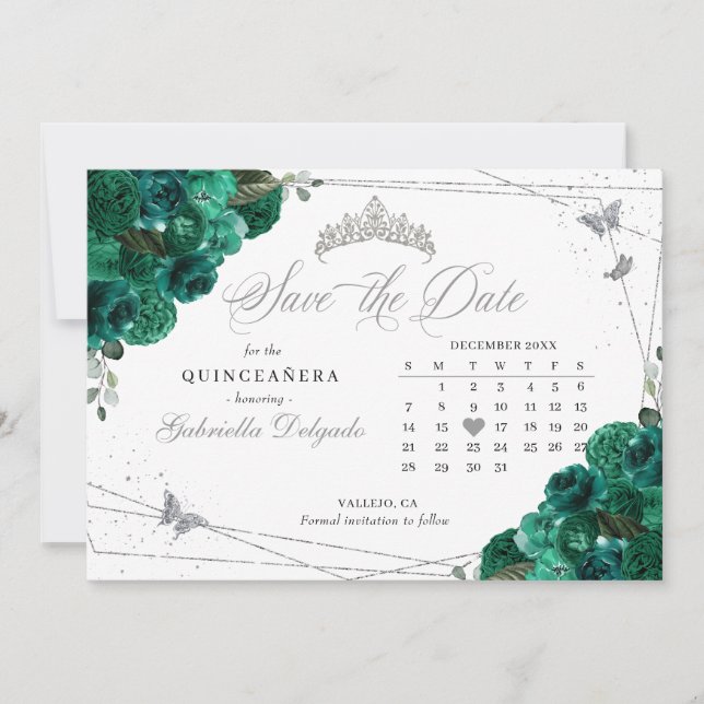 Green Roses & Silver Quinceañera Save The Date Invitation (Front)