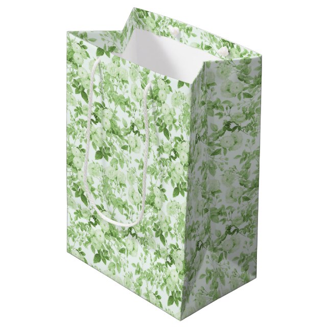 Green Roses Vintage Botanical Garden Medium Gift Bag (Front Angled)