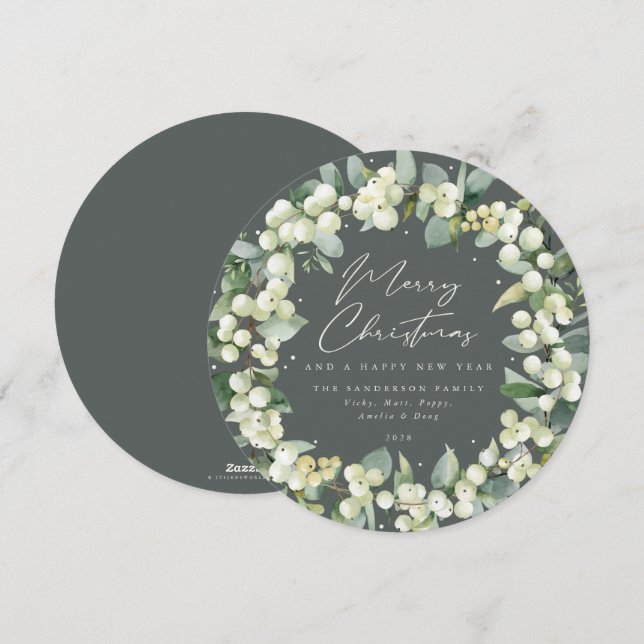 Green Round Snowberry+Eucalyptus Christmas Wreath Holiday Card (Front/Back)