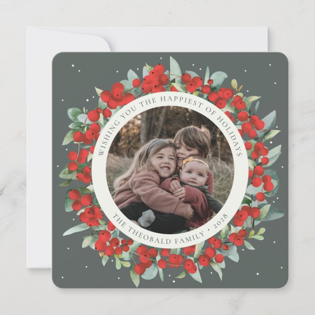 Green Round/Square Red Berries+Eucalyptus Photo Holiday Card (Front)