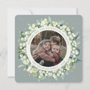Green Round/Square Snowberry+Eucalyptus Photo Holiday Card