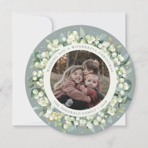 Green Round/Square Snowberry+Eucalyptus Photo Holiday Card