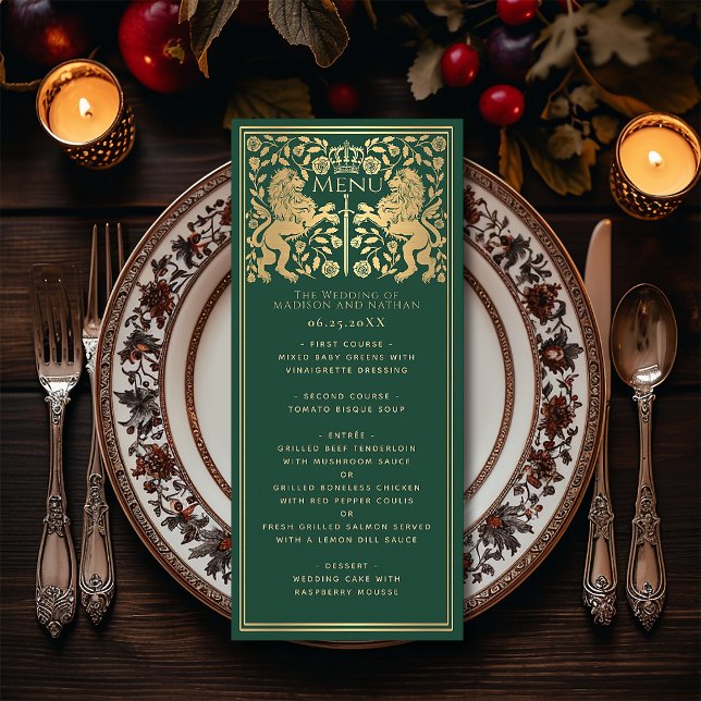 Green Royal Lion Mediaeval Sword Wedding Flat Menu (Creator Uploaded)