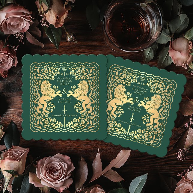Green Royal Lion Mediaeval Sword Wedding Paper Coaster (Creator Uploaded)
