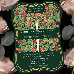 Green Royal Mediaeval Floral Sword Wedding Invitation