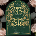 Green Royal Mediaeval Gold Sword Wedding Arch Invitation<br><div class="desc">Set the tone for your mediaeval fantasy wedding with a bold arch invitation design—a grand gold sword surrounded by florals against a green background. Perfect for couples dreaming of an epic, romantic celebration. Make your love story legendary from the very first glance! NOTE: the gold featured in this design is...</div>