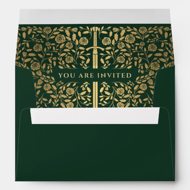 Green Royal Mediaeval Gold Sword Wedding Envelope (Back (Bottom))