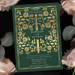 Green Royal Mediaeval Gold Sword Wedding Invitatio Invitation<br><div class="desc">Set the tone for your mediaeval fantasy wedding with a bold invitation design—a grand gold sword surrounded by florals against a green background. Perfect for couples dreaming of an epic, romantic celebration. Make your love story legendary from the very first glance! NOTE: the gold featured in this design is NOT...</div>