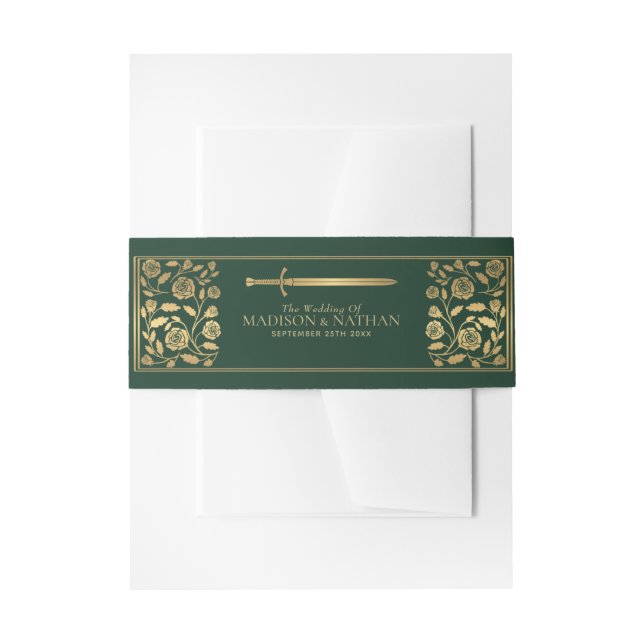Green Royal Mediaeval Gold Sword Wedding  Invitation Belly Band (Front Example)