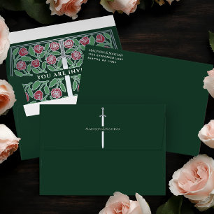 Green Royal Mediaeval Silver Floral Sword Wedding Envelope