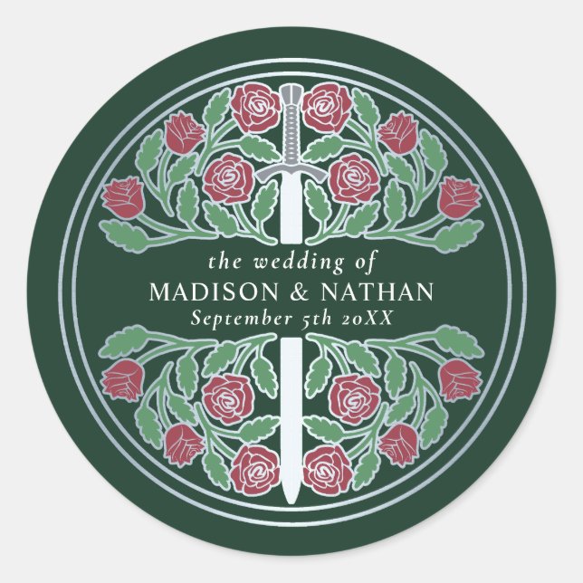Green Royal Mediaeval Silver Sword Wedding  Classic Round Sticker (Front)