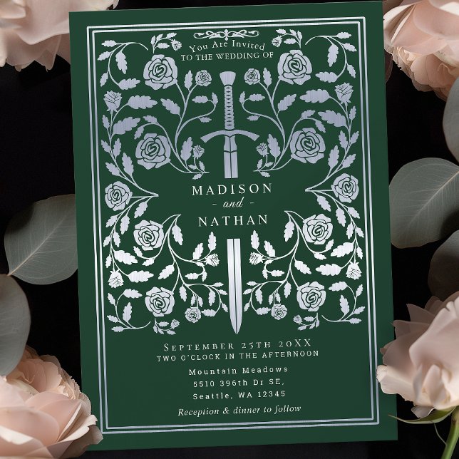 Green Royal Mediaeval Silver Sword Wedding  Invitation (Creator Uploaded)