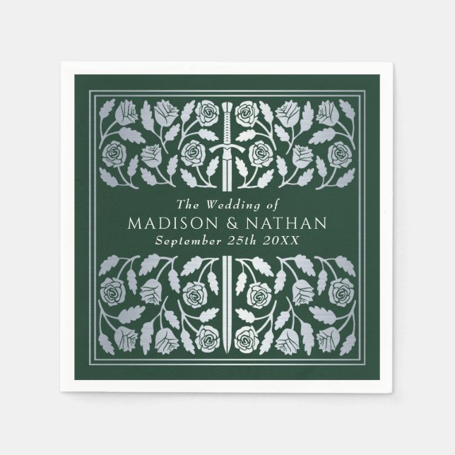 Green Royal Mediaeval Silver Sword Wedding Napkin (Front)