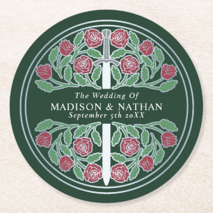 Green Royal Mediaeval Silver Sword Wedding Round Paper Coaster