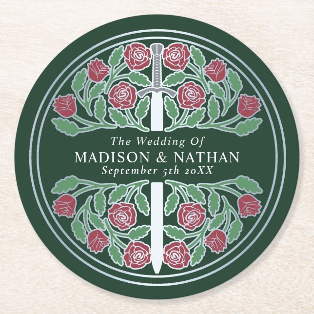 Green Royal Mediaeval Silver Sword Wedding Round Paper Coaster (Front)