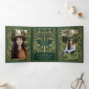 Green Royal Mediaeval Sword Photo Graduation Party Tri-Fold Invitation