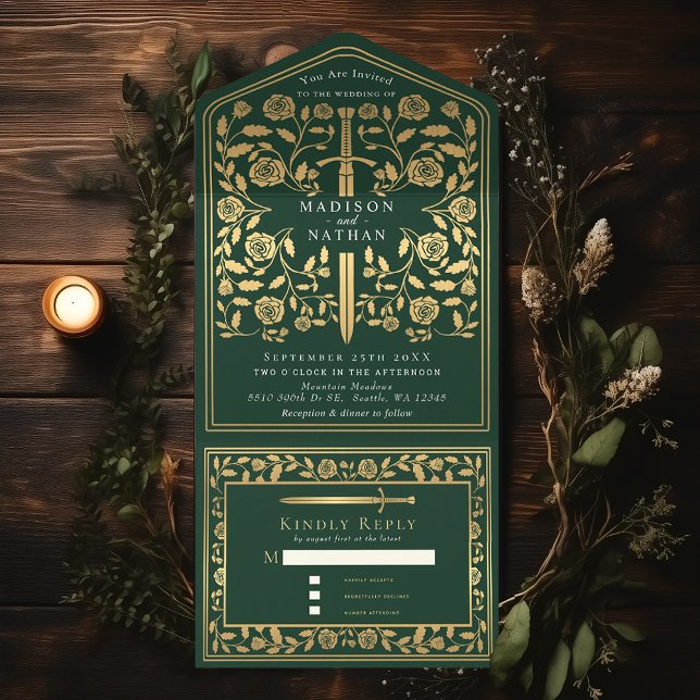 Green Royal Mediaeval Sword Wedding All In One Invitation (Creator Uploaded)