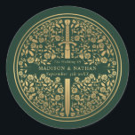 Green Royal Mediaeval Sword Wedding  Classic Round Sticker<br><div class="desc">Celebrate your special day with this Royal Mediaeval Sword Wedding design. The design on the back of the invite is NOT real gold foil. You can customise this further by clicking on the "PERSONALIZE" button.</div>