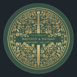 Green Royal Mediaeval Sword Wedding  Classic Round Sticker<br><div class="desc">Celebrate your special day with this Royal Mediaeval Sword Wedding design. The design on the back of the invite is NOT real gold foil. You can customise this further by clicking on the "PERSONALIZE" button.</div>