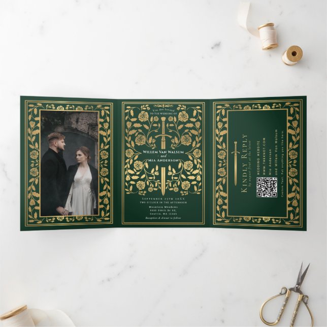Green Royal Mediaeval Sword Wedding QR Code Tri-Fold Invitation (Inside)