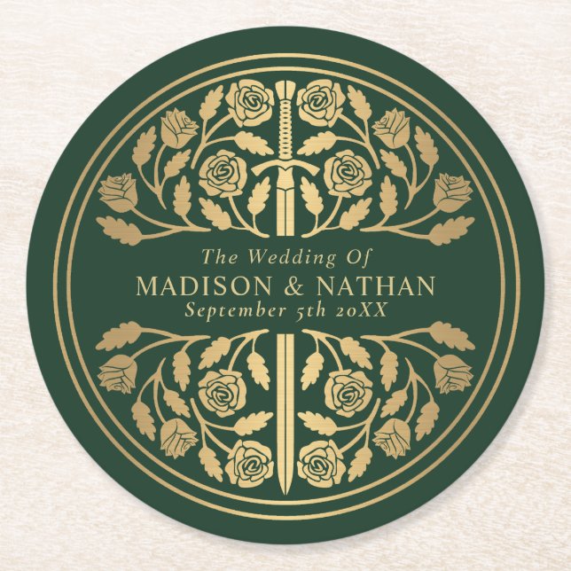 Green Royal Mediaeval Sword Wedding Round Paper Coaster (Front)