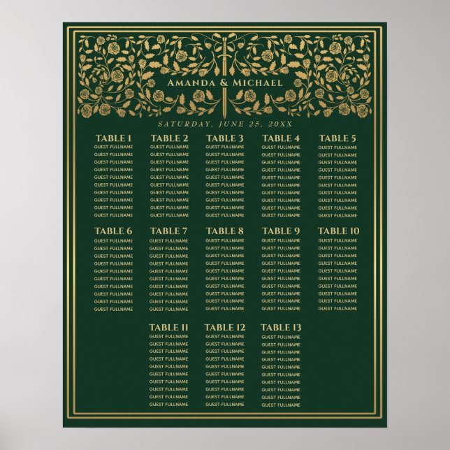 Green Royal Mediaeval Sword Wedding Seating Chart (Front)