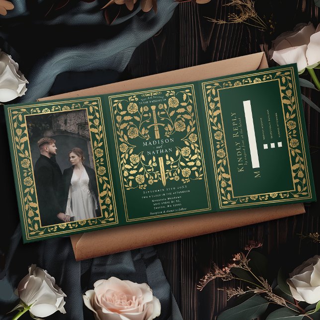 Green Royal Mediaeval Sword Wedding Tri-Fold Invitation (Creator Uploaded)