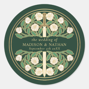Green Royal Mediaeval White Floral Sword Wedding  Classic Round Sticker