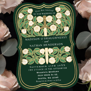 Green Royal Mediaeval White Floral Sword Wedding Invitation