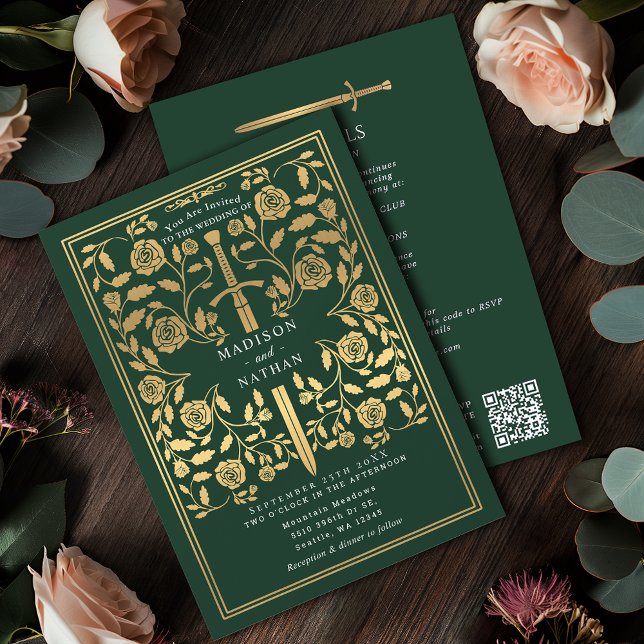 Green Royal Medieval Gold Sword Wedding QR Code Invitation (Creator Uploaded)