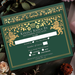 Green Royal Medieval Lion Wedding RSVP Card