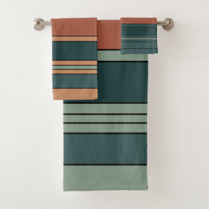 Green Rust and Clay Stripes Shower Curtain Bath Towel Set