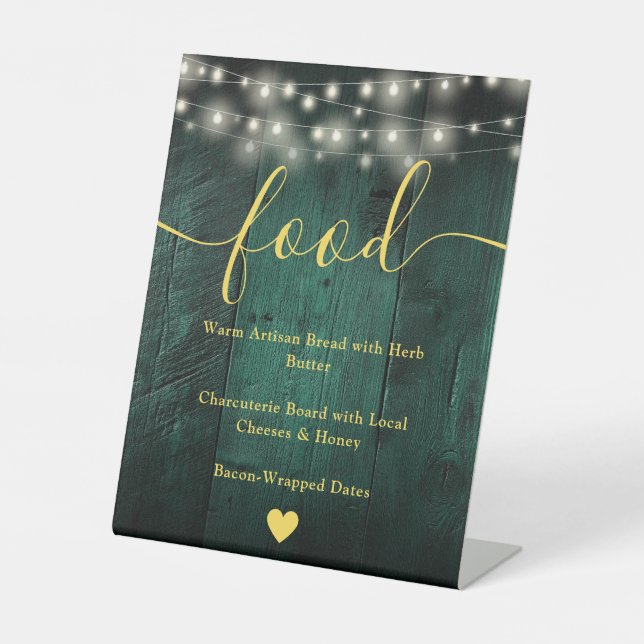 Green Rustic Barn Wood String Lights Food Menu Pedestal Sign (Front)