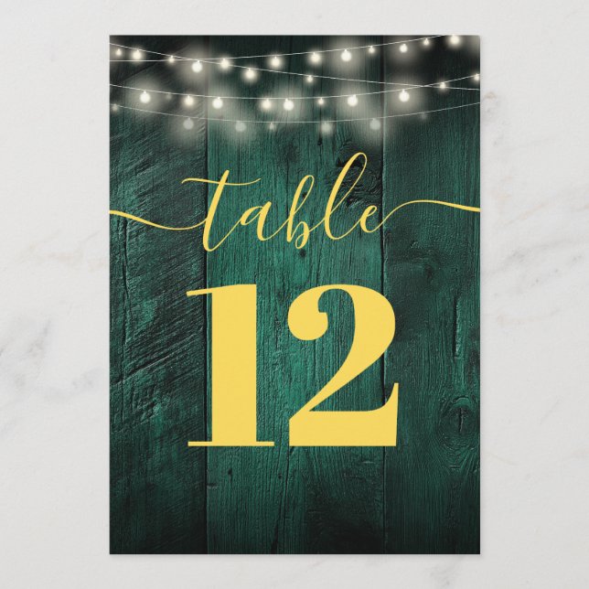 Green Rustic Barn Wood String Lights Table Number (Front)