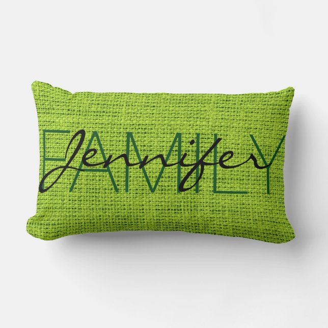 Green Rustic Burlap Monogram Lumbar Cushion (Front)