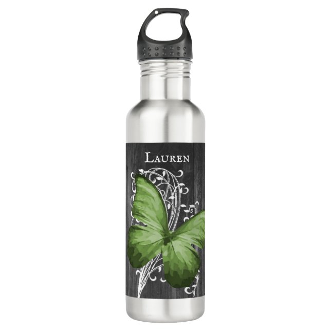 Green Rustic Butterfly Personalised 710 Ml Water Bottle (Front)
