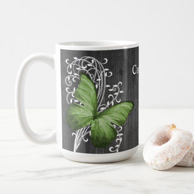 Green Rustic Butterfly Personalised Coffee Mug (With Donut)