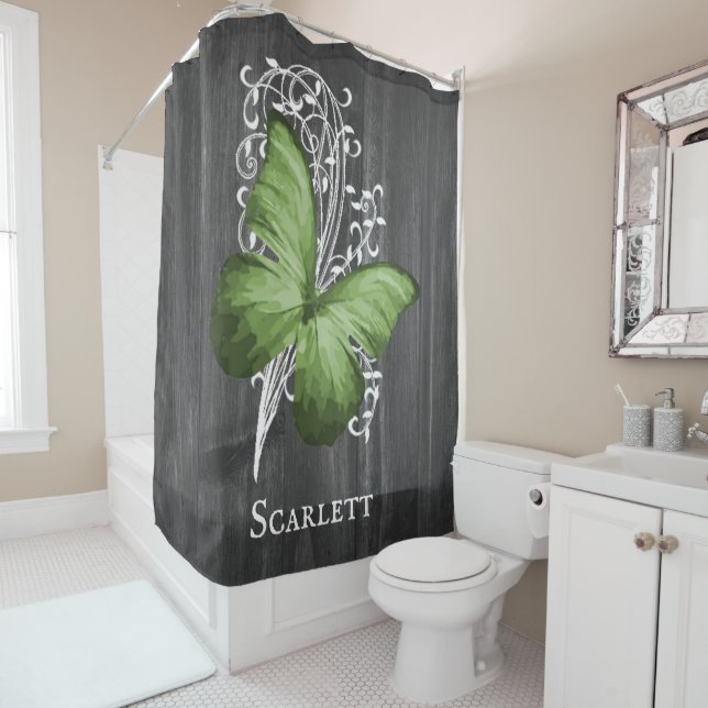 Green Rustic Butterfly Personalised Shower Curtain (In Situ)