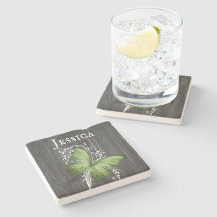 Green Rustic Butterfly Personalised Stone Coaster