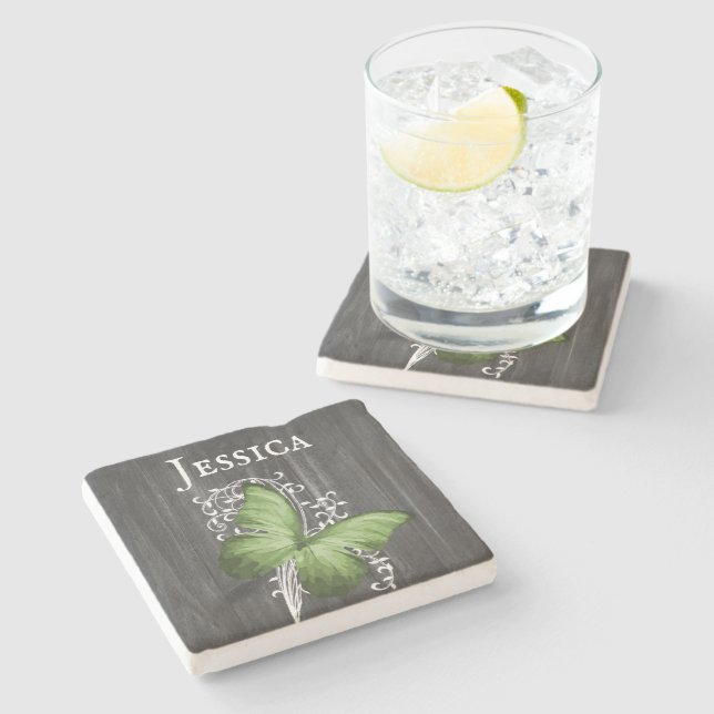 Green Rustic Butterfly Personalised Stone Coaster (Side)