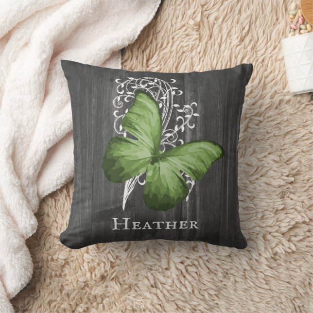 Green Rustic Butterfly Personalised Throw Pillow (Blanket)