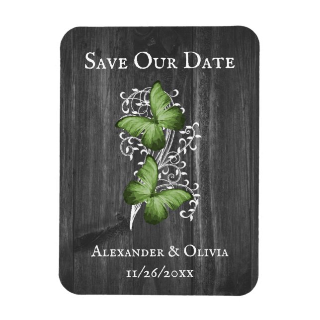 Green Rustic Butterfly Save The Date Magnet (Vertical)